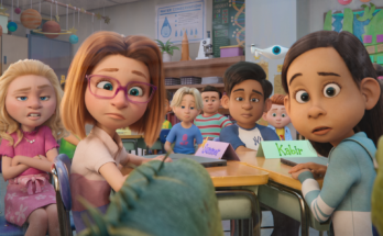 Sadie Sandler, Sunny Sandler, Adam Sandler, Carson Minniear, Ethan Smigel, Benjamin Bottani, Roey Smigel, Reese Hazel Lores, and Tienya Safko in Netflix's coming-of-age animate musical comedy film, Leo