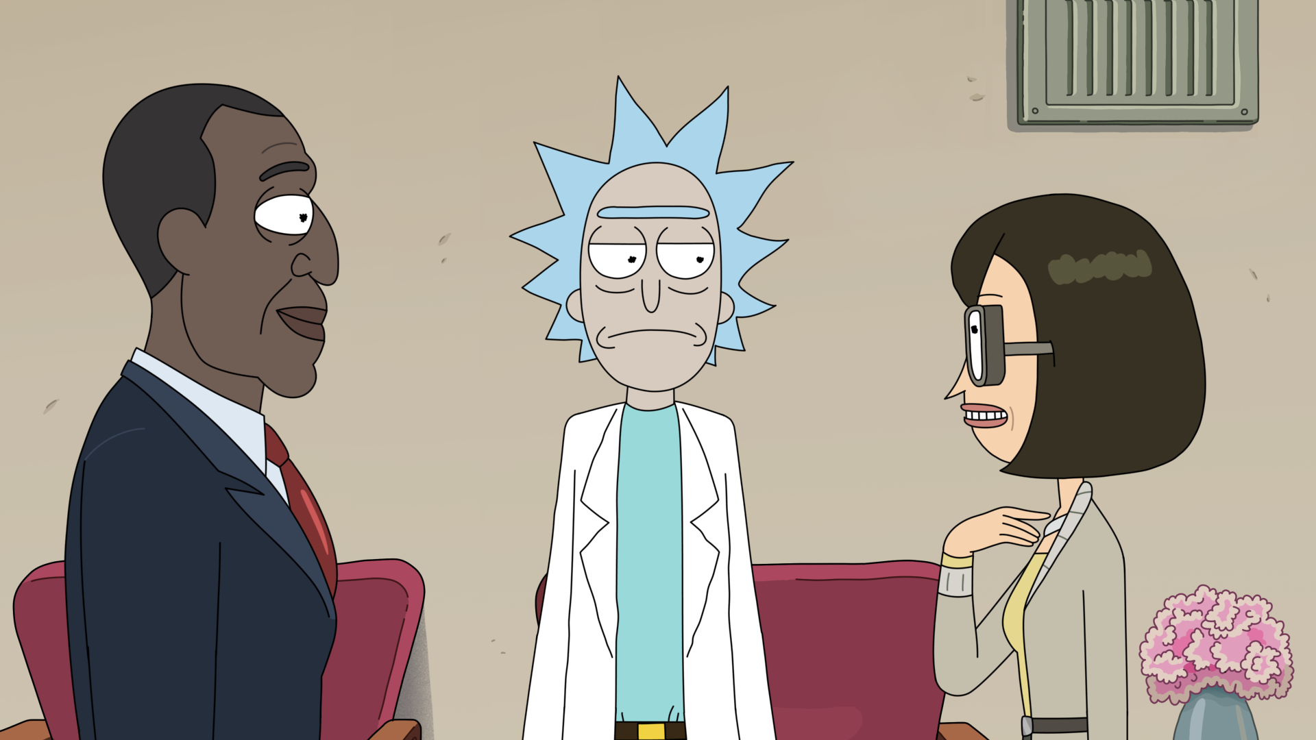 Keith David as President Andre Curtis, Ian Cardoni as Rick Sanchez, and Susan Sarandon as Helen Wong in Dan Harmon's Rick and Morty Season 7 Episode 3