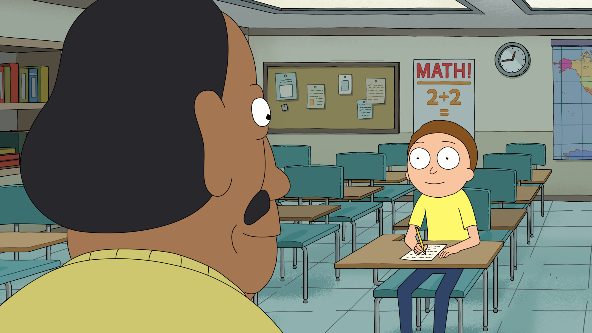 Brandon Johnson as Mr. Goldenfold and Harry Belden as Morty Smith in Dan Harmon's Rick and Morty Season 7 Episode 8