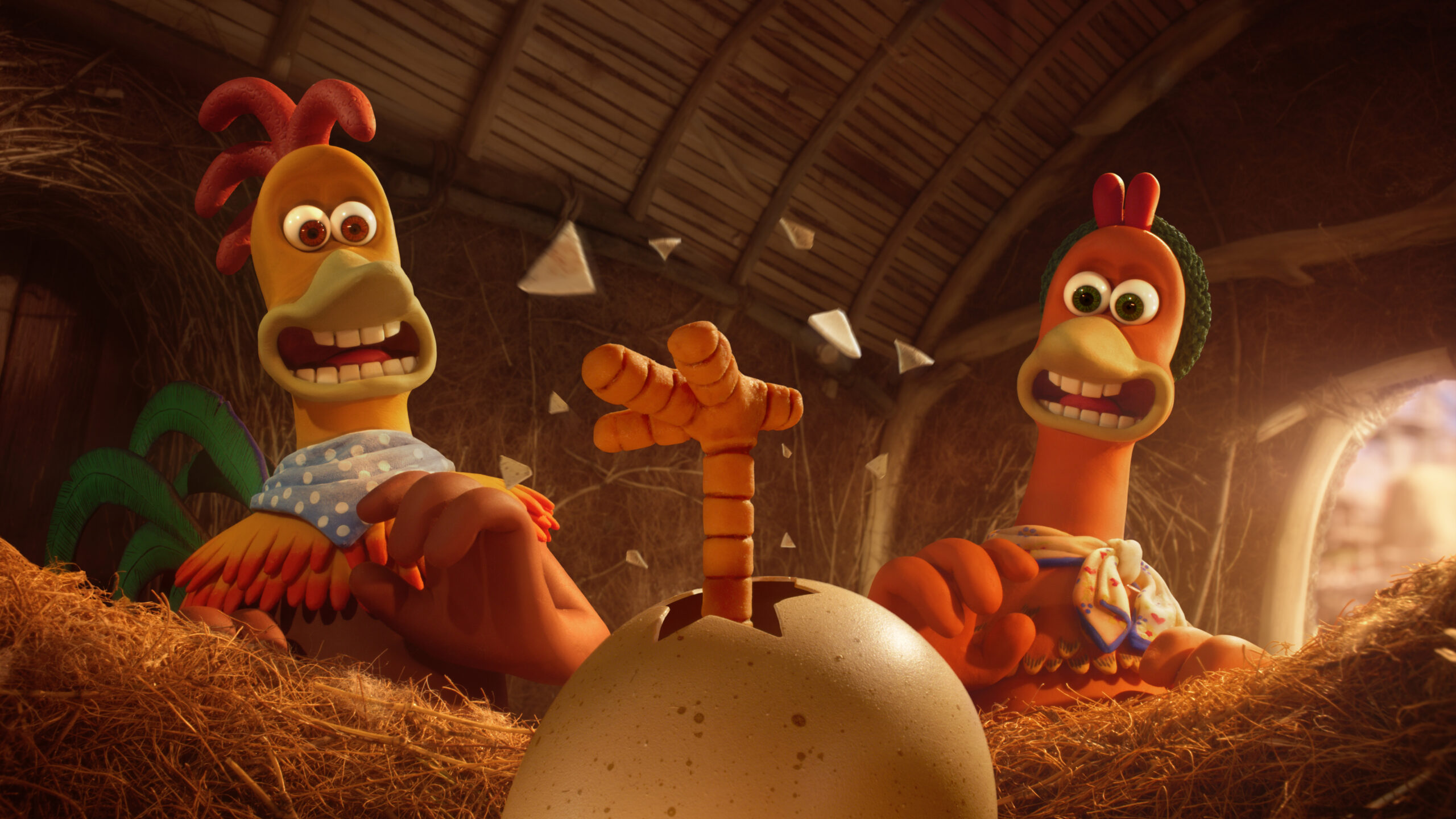 Zachary Levi as Rocky and Thandiwe Newton as Ginger in Netflix's animated adventure comedy film, Chicken Run Dawn of the Nugget 