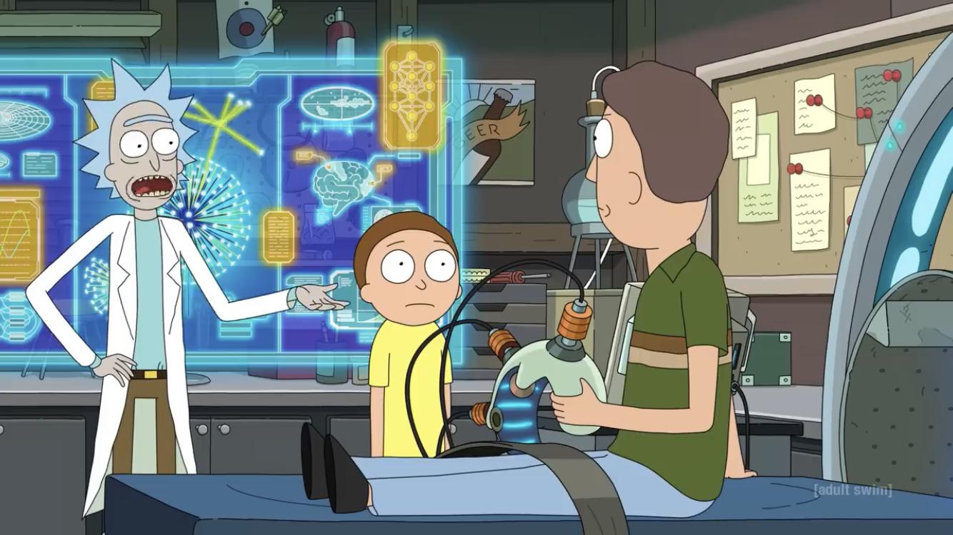 Ian Cardoni as Rick Sanchez, Harry Belden as Morty Smith, and Chris Parnell as Jerry Smith in Dan Harmon's Rick and Morty Season 7 Episode 9