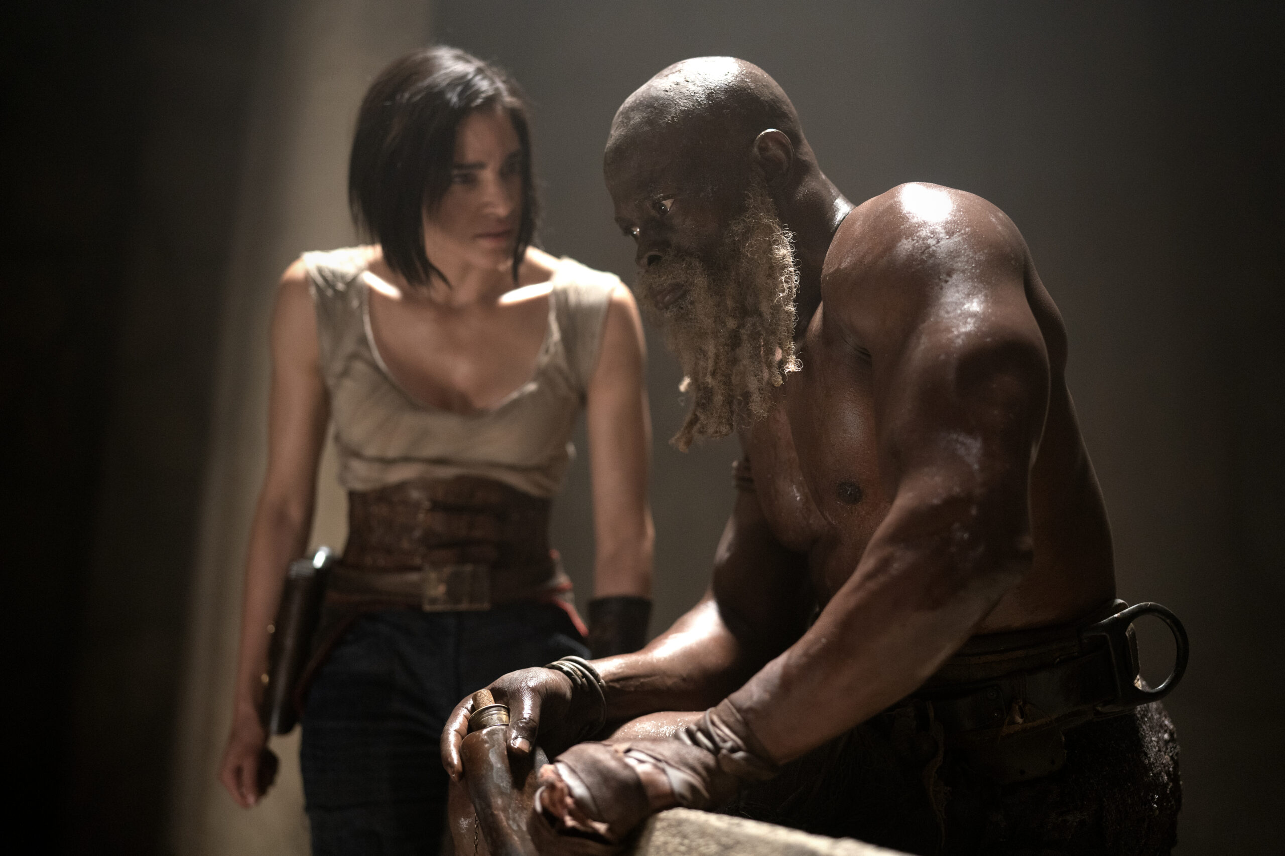 Sofia Boutella as Kora and Djimon Hounsou as Titus in Zack Snyder's action adventure drama Netflix film, Rebel Moon Part One