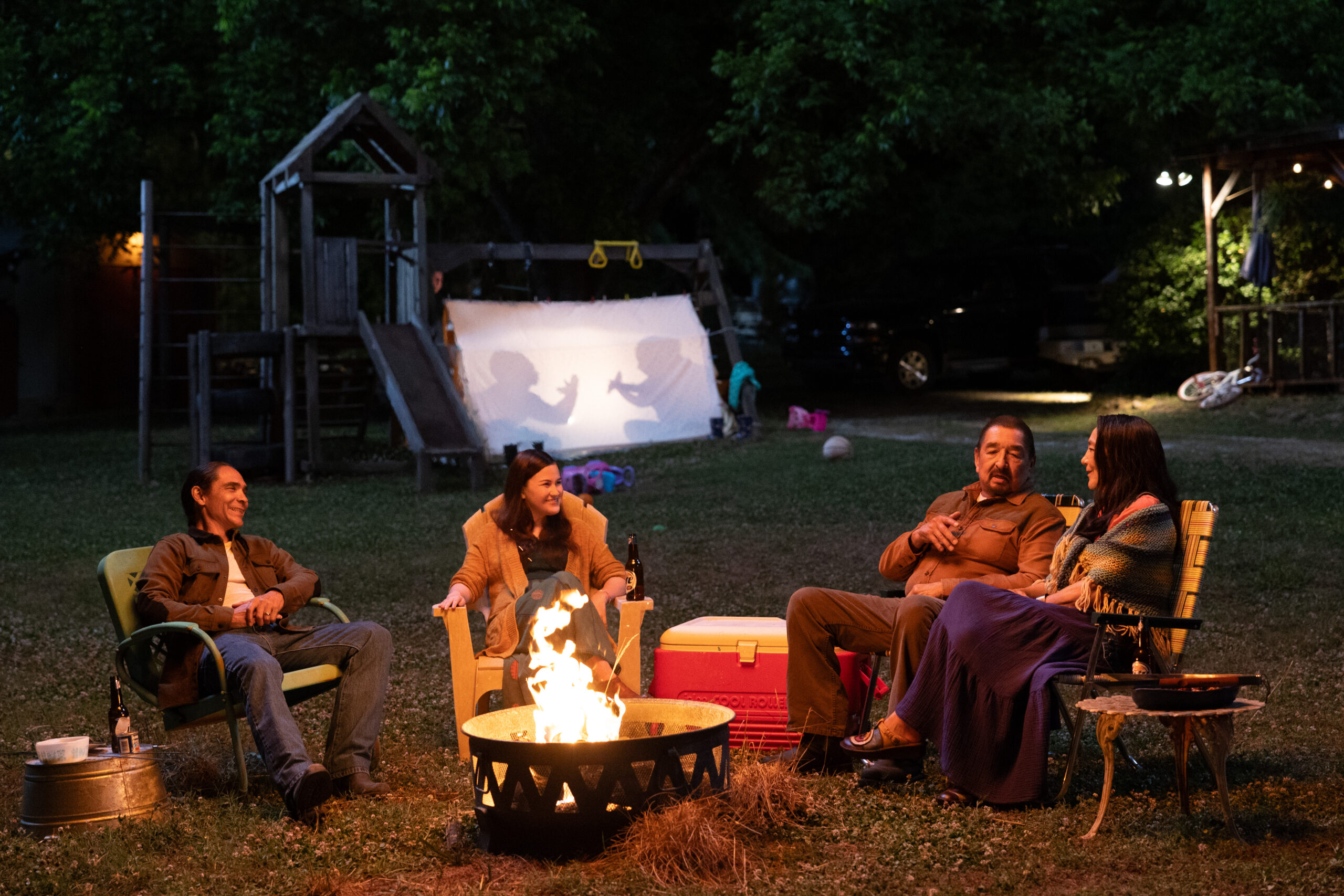 Zahn McClarnon as William Lopez, Devery Jacobs as Bonnie, Graham Greene as Skully, and Tantoo Cardinal as Chula Battiest in Marion Dayre's action-adventure crime Marvel Studios limited series, Echo.