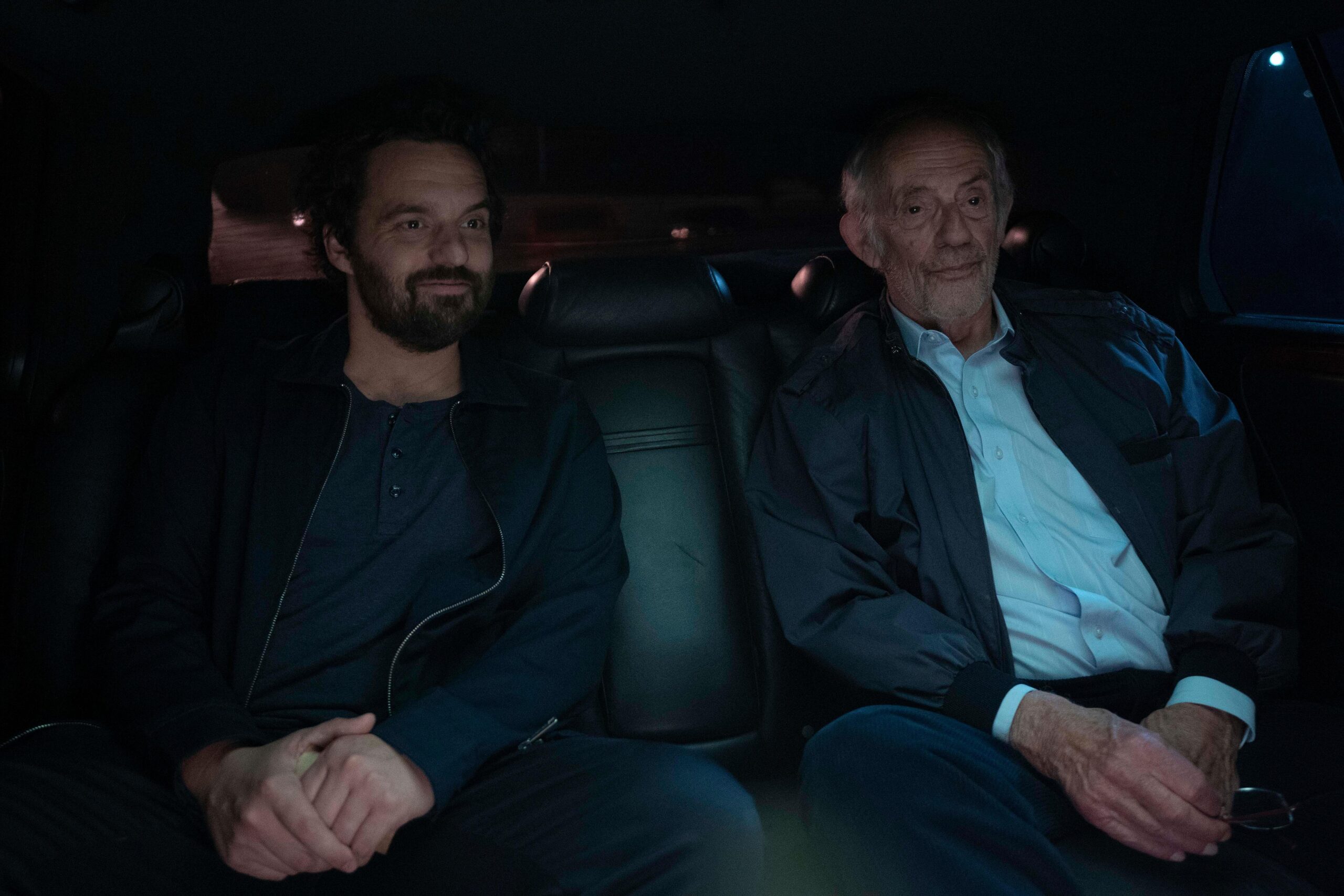 Jake Johnson and Christopher Lloyd in Jake Johnson's comedy thriller film, Self Reliance