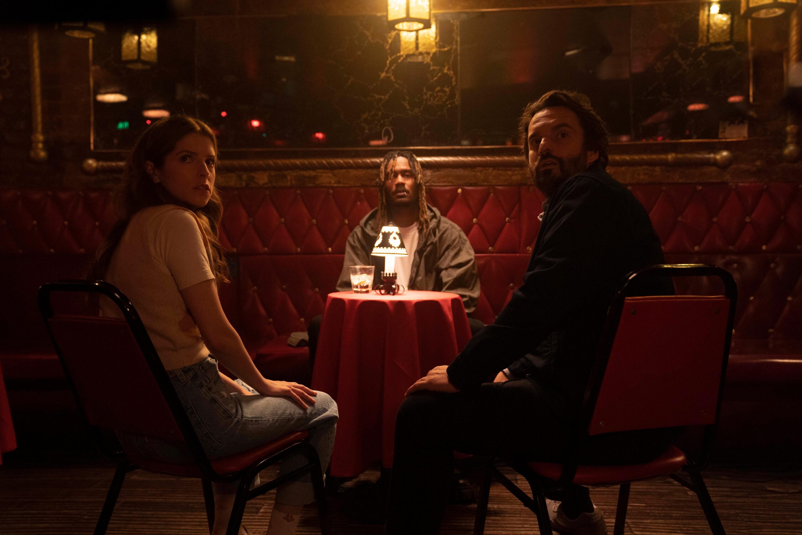 Anna Kendrick, GaTa, and Jake Johnson in Jake Johnson's comedy thriller film, Self Reliance