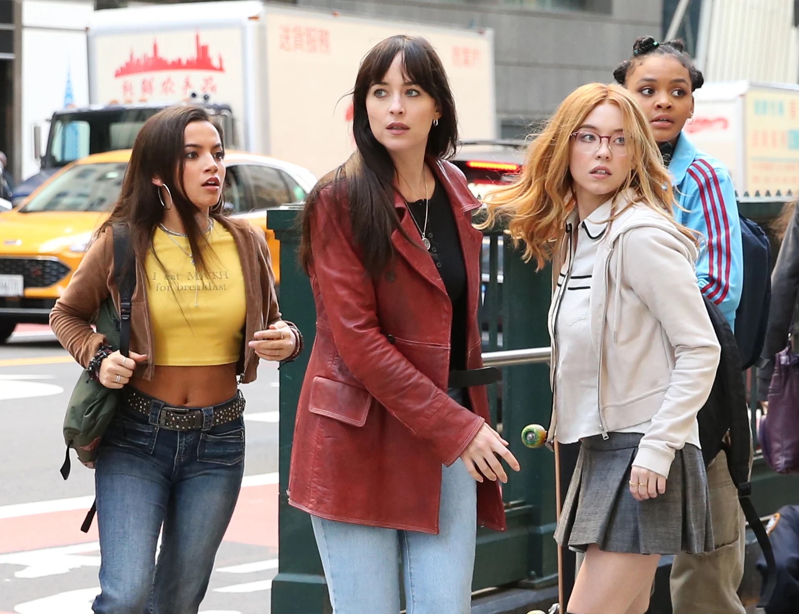 Isabela Merced, Dakota Johnson, Sydney Sweeney, and Celeste O'Connor in S.J. Clarkson's action adventure science fiction film, Madame Web