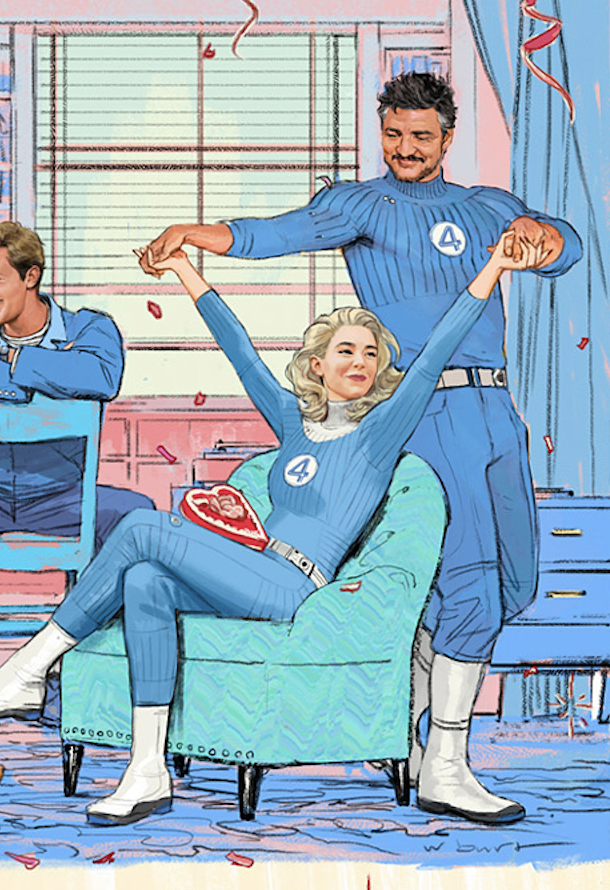 Vanessa Kirby as Susan Sue Storm/ Invisible Woman and Pedro Pascal as Reed Richards/ Mister Fantastic in the first concept art at Marvel Studios' The Fantastic Four