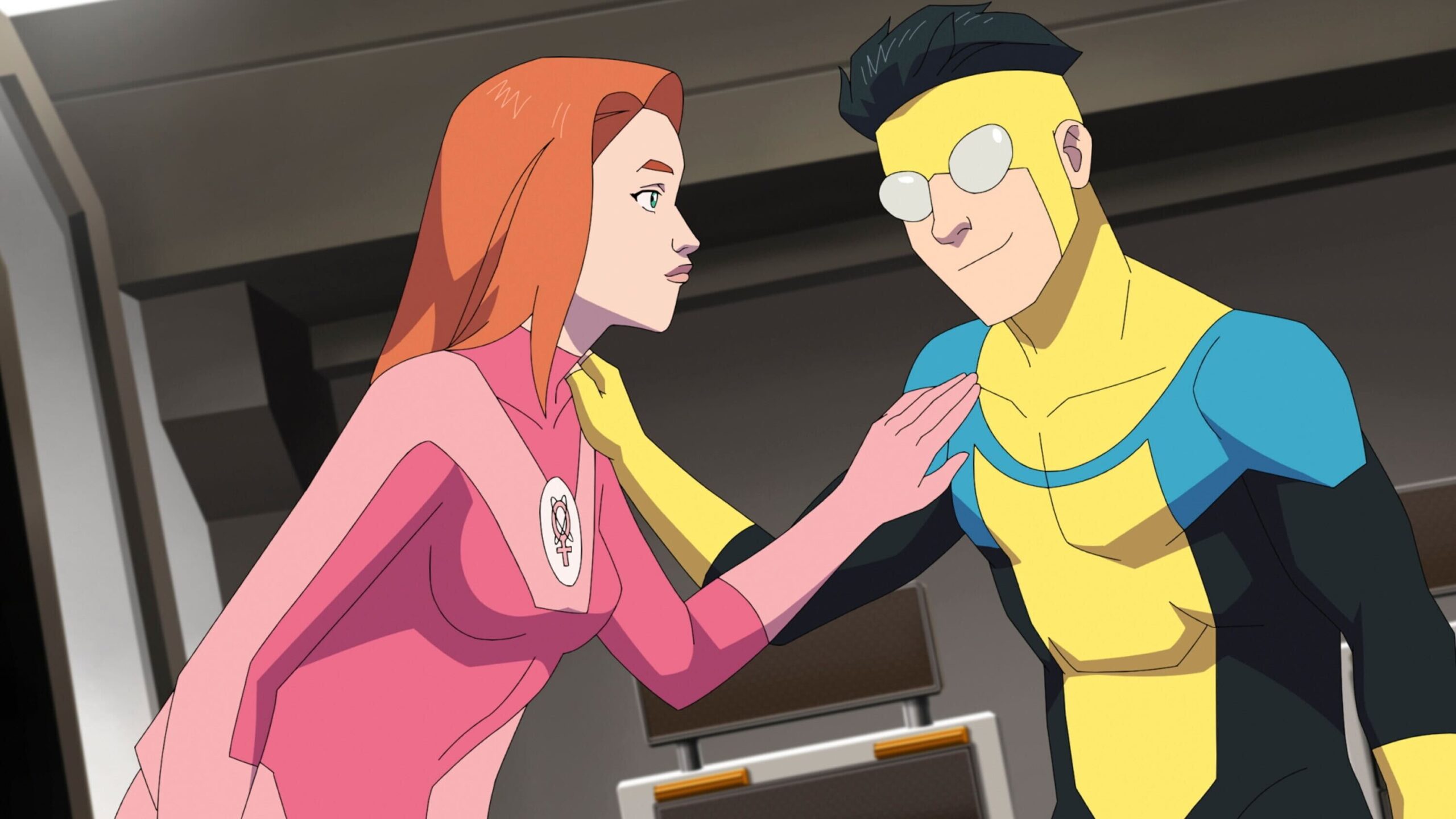 Gillian Jacobs as Samantha Eve Wilkins/ Atom Eve and Steven Yeun as Mark Grayson in Robert Kirkman's Prime Video series adaptation, Invincible Season 2 Episode 5