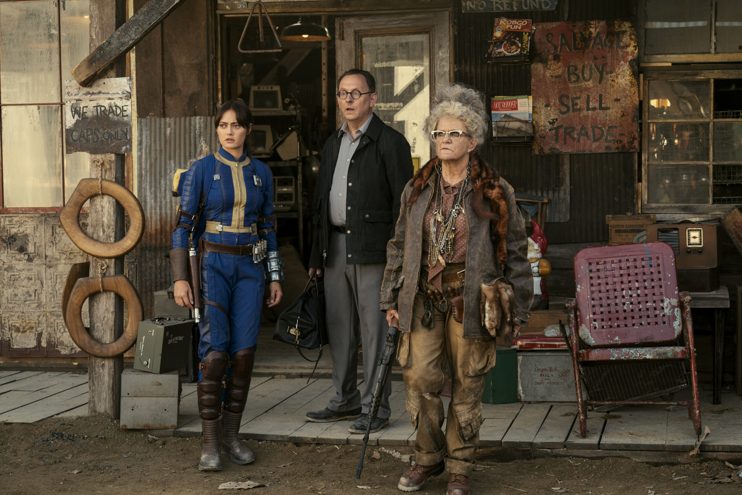 Ella Purnell as Lucy MacLean, Michael Emerson as Dr. Siggi Wilzig, and Dale Dickey as Ma June in Prime Video's Fallout Season 1
