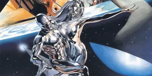Silver Surfer and Shall Ball holding each other riding the board in space