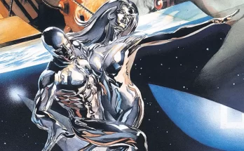 Silver Surfer and Shall Ball holding each other riding the board in space