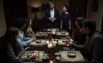 Alanna Bale, Sebastian Chacon, Sirena Gulamgaus, Peter Gallagher, Uni Park, Emily Hampshire, and Jay Baruchel in Caitlin Cronenberg and Michael Sparaga's IFC Films and Shudder horror thriller, Humane
