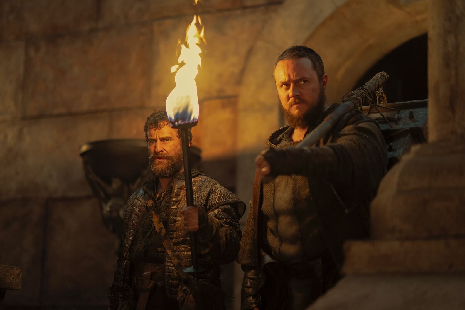 Mark Stobbart as Cheese and Sam C. Wilson as Blood in George R R Martin and Ryan Condal's HBO action adventure fantasy drama television adaptation, House of the Dragon, Season 2 Episode 1