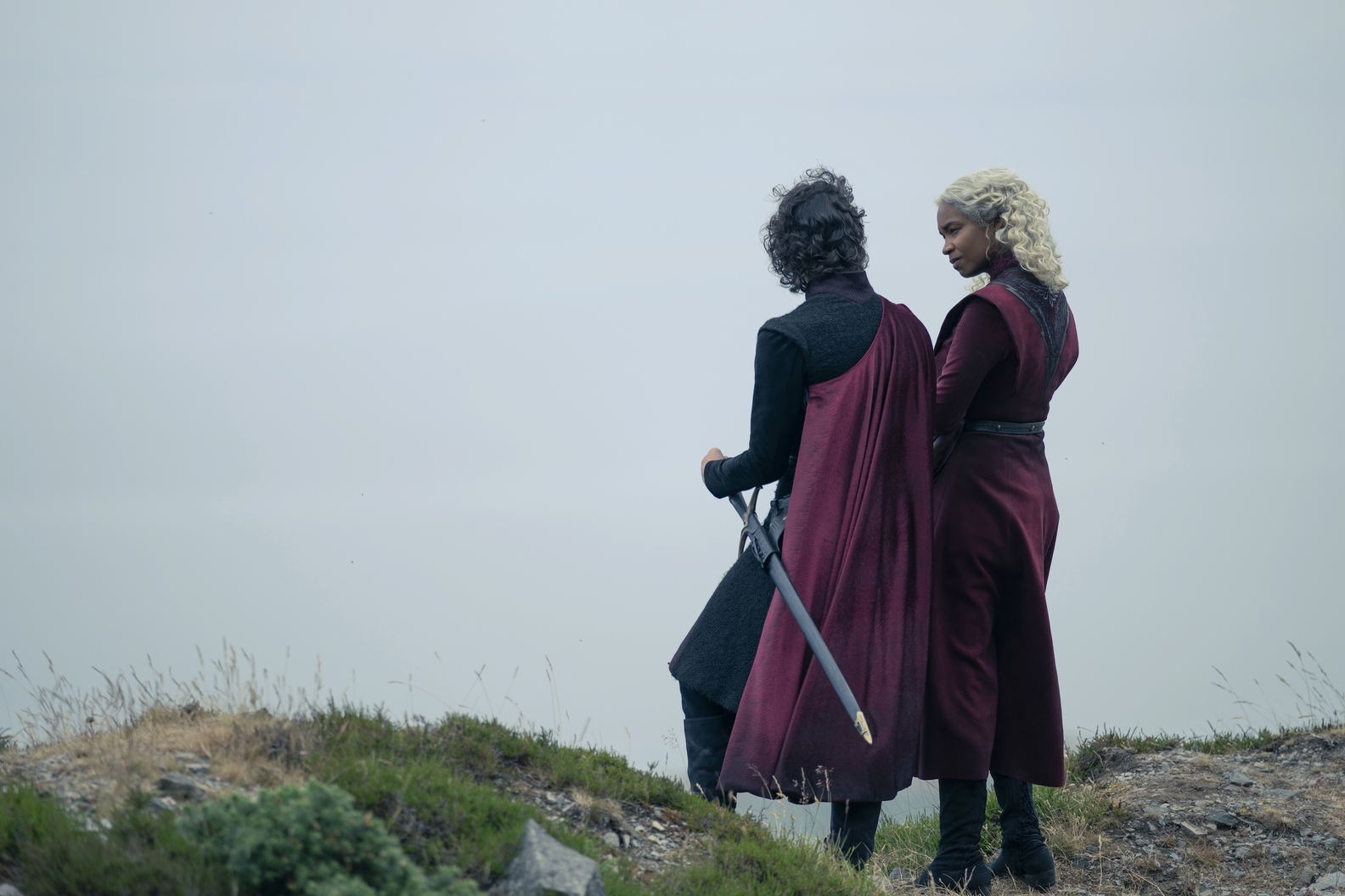 Harry Collett as Jacaerys Jace Velaryon and Bethany Antonia as Lady Baela Targaryen in George R R Martin and Ryan Condal's HBO action adventure fantasy drama television adaptation, House of the Dragon, Season 2 Episode 2