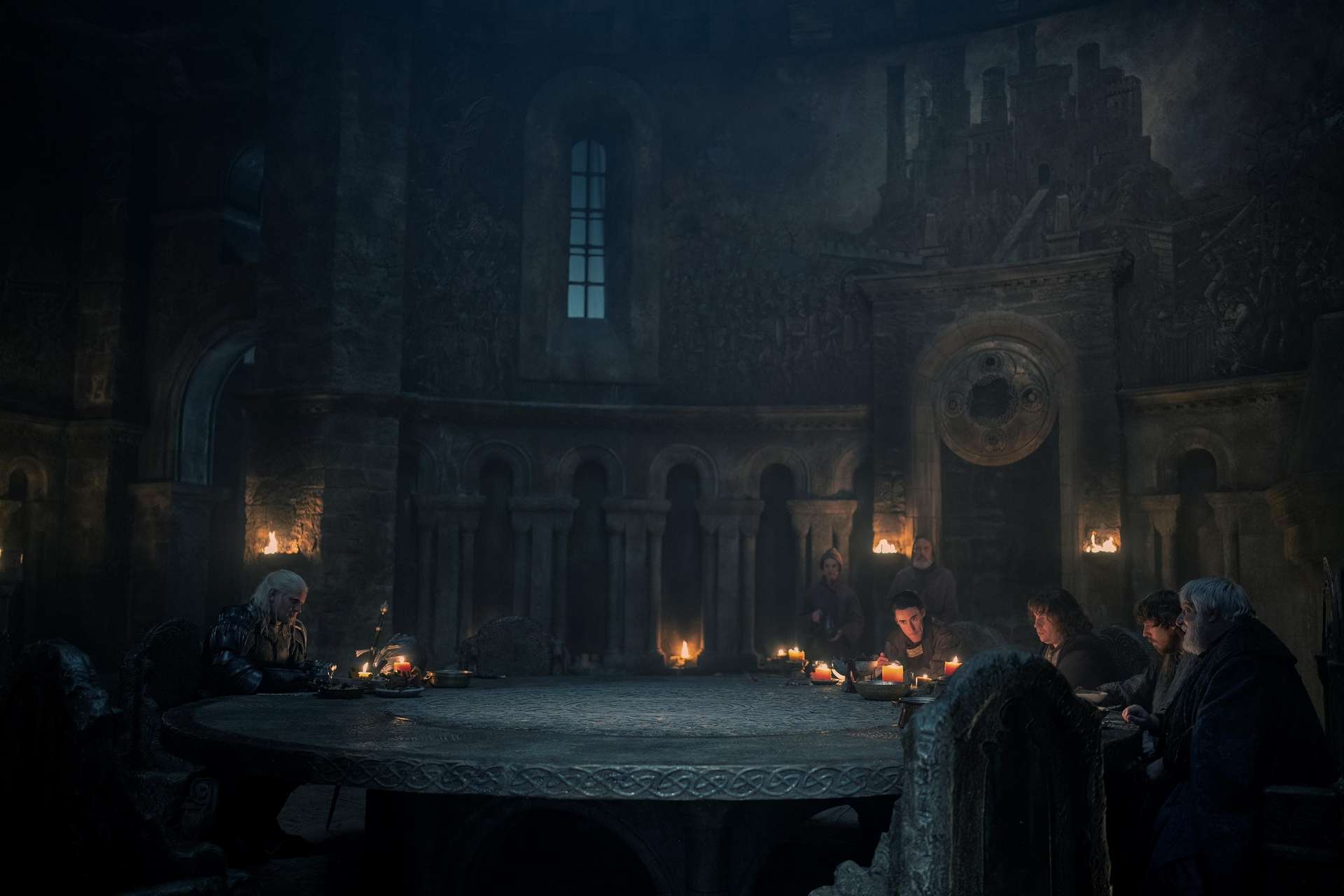 Matt Smith as Daemon Targaryen, Paul Valentine and Graeme McKnight as Strong council members, and Simone Russell Beale as Simon Strong in George R R Martin and Ryan Condal's HBO action adventure fantasy drama television adaptation, House of the Dragon, Season 2 Episode 3