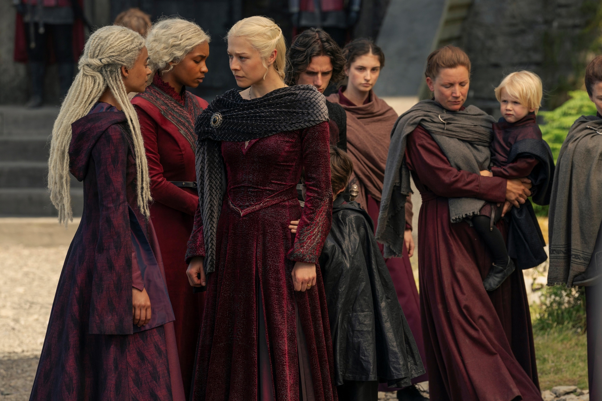 Phoebe Campbell as Rhaena, Bethany Antonia as Baela, Emma D'Arcy as Rhaenyra Targaryen, Harry Collett as Jacaerys, and Oscar Eskinazi as Joffrey Velaryon in George R R Martin and Ryan Condal's HBO action adventure fantasy drama television adaptation, House of the Dragon, Season 2 Episode 3