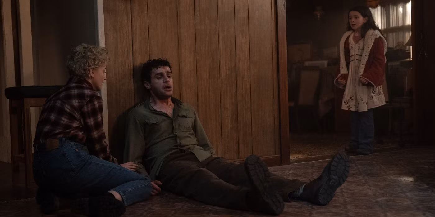 Julia Garner, Christopher Abbott, and Matilda Firth in Leigh Whannell and Corbett Tuck's body horror film, Wolf Man