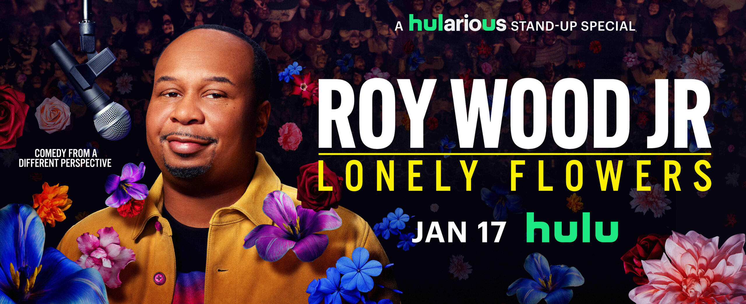 Key art from Roy Wood Jr's Hulu stand up comedy special, Lonely Flowers