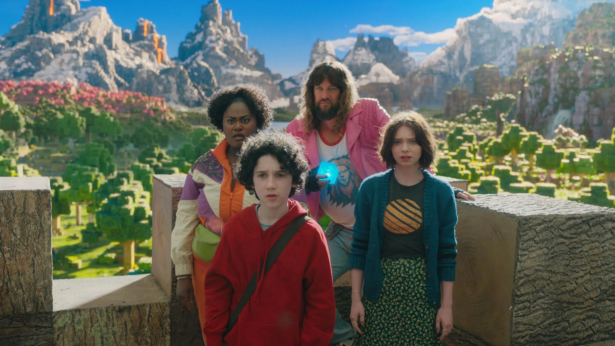 Danielle Brooks, Jason Momoa, Sebastian Hansen, and Emma Myers in A Minecraft Movie