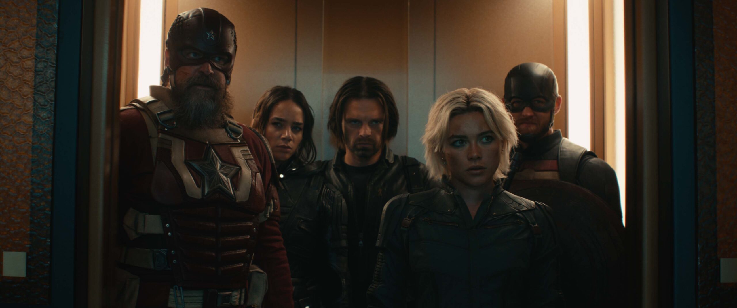 David Harbour, Hannah John Kamen, Sebastian Stan, Florence Pugh, and Wyatt Russell in Jake Schreier, Eric Pearson, and Joanna Calo's action adventure crime drama fantasy science fiction Marvel Studios film, Thunderbolts