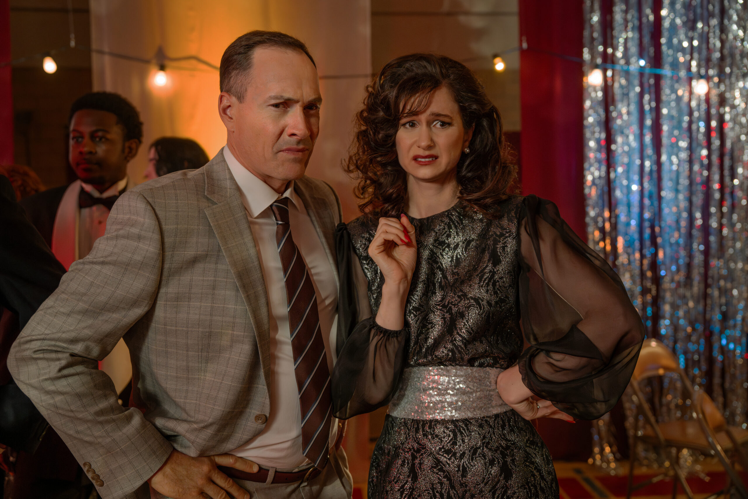 Chris Klein and Katherine Waterston in Matt Palmer and Donald McLeary's Netflix horror mystery thriller film, Fear Street Prom Queen