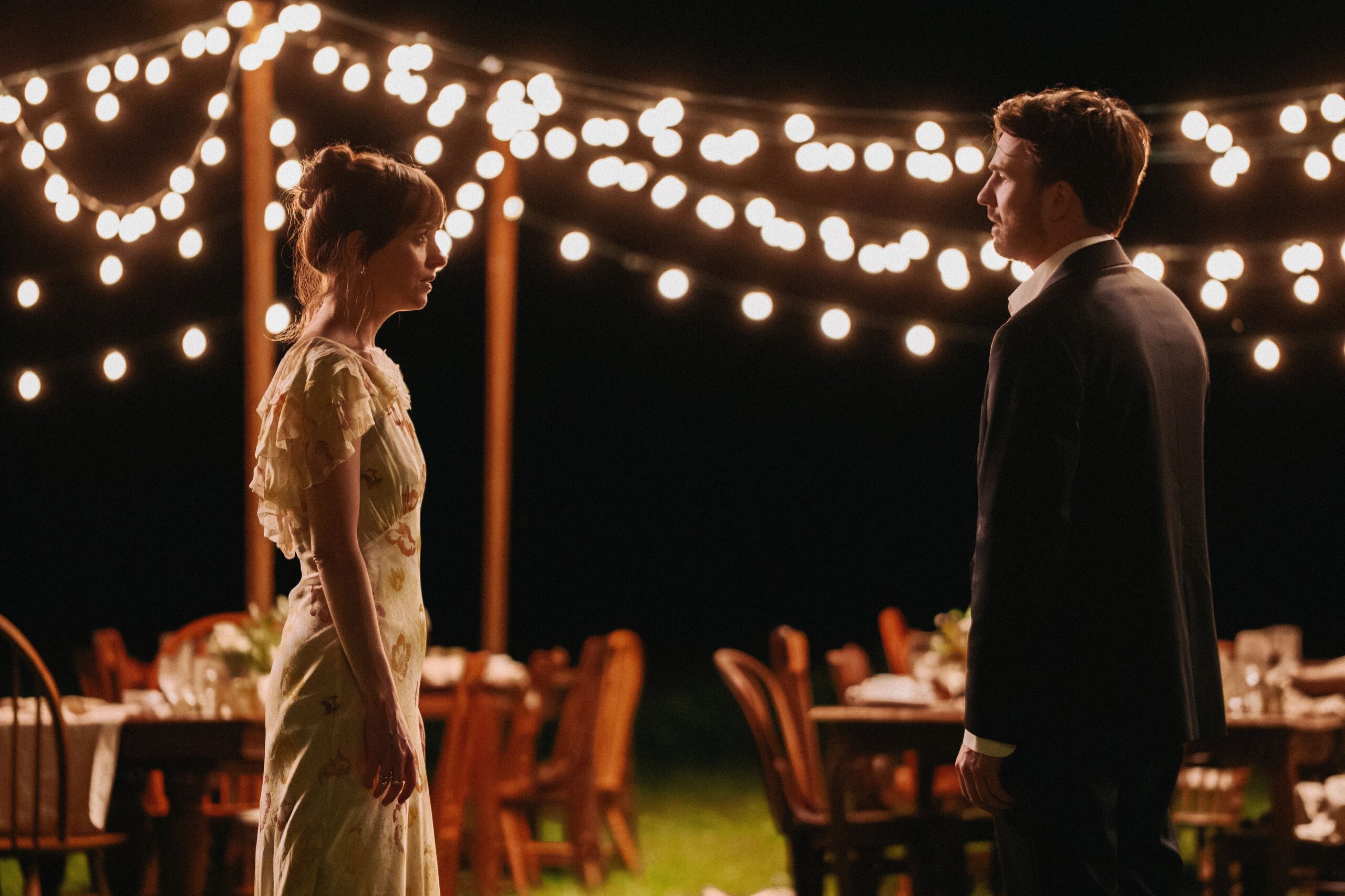 Dakota Johnson, and Chris Evans behind the scenes of Celine Song's romantic comedy film, Materialists