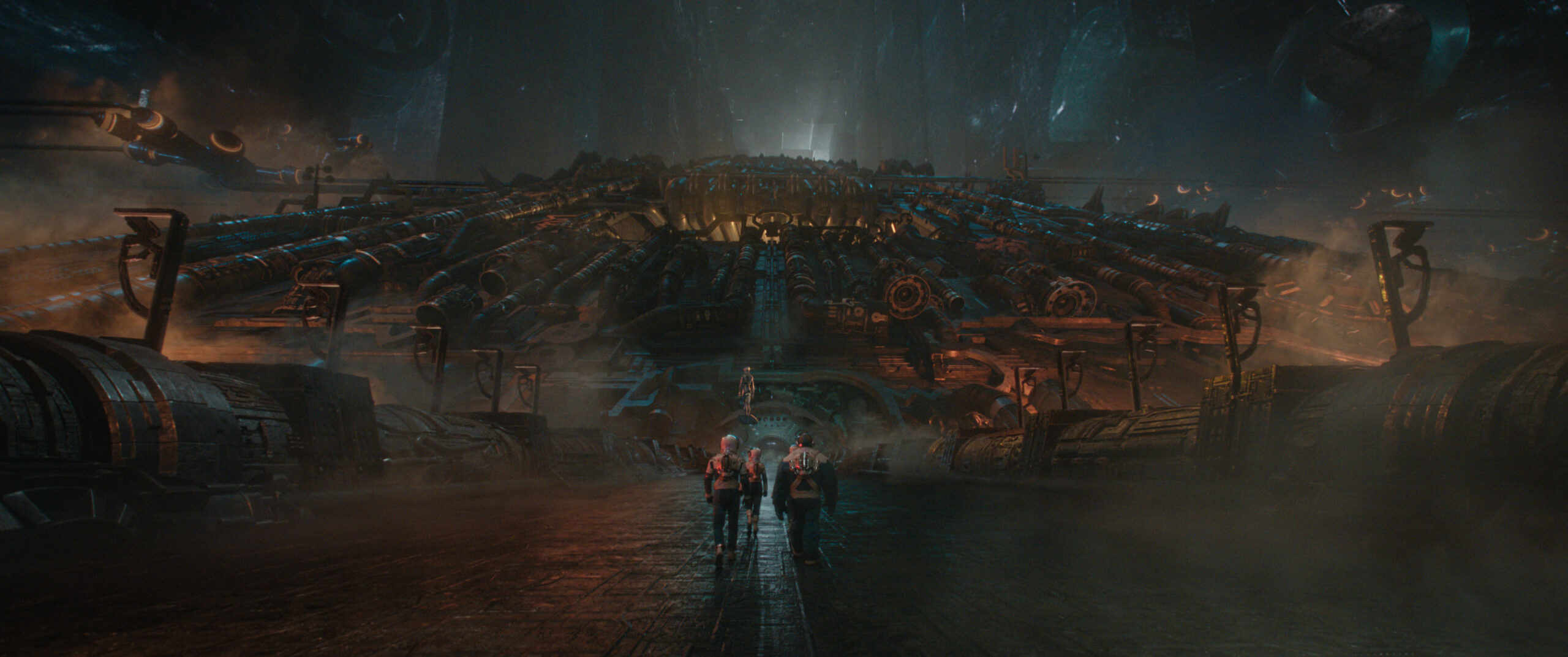 An official photo from Matt Shakman, Josh Friedman, Eric Pearson, Jeff Kaplan, Ian Springer, and Kat Wood's action adventure science fiction superhero Marvel Studios film, The Fantastic Four First Steps