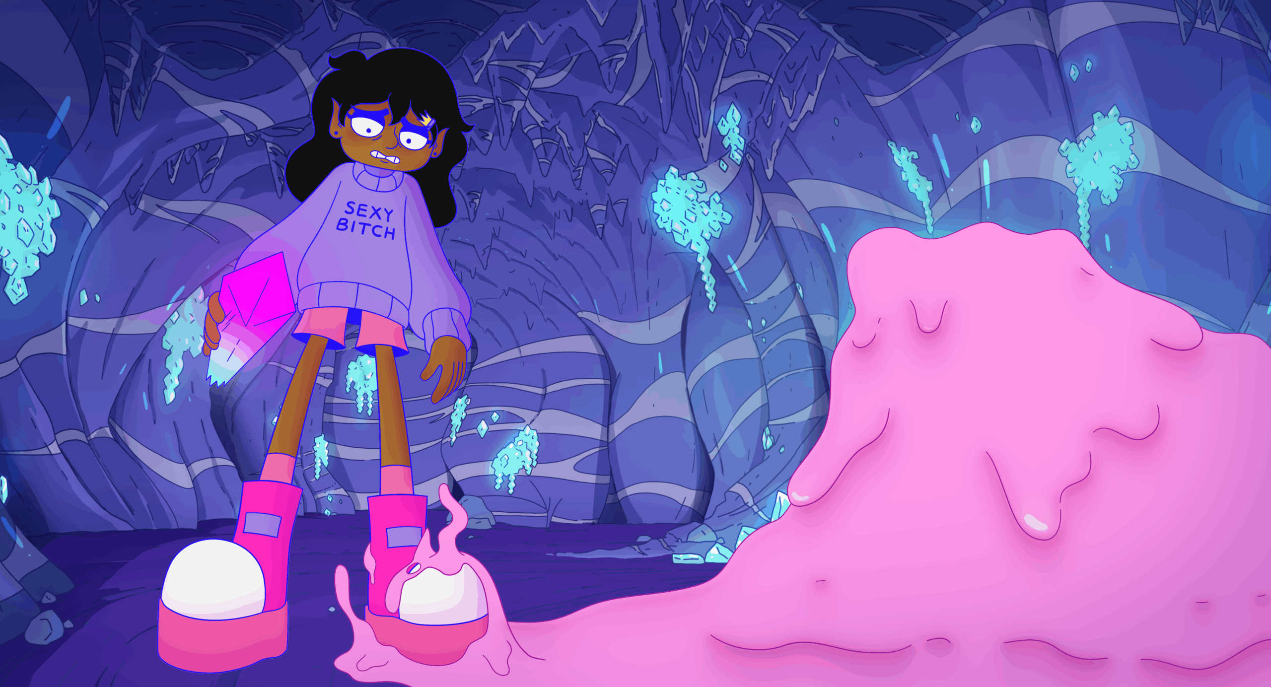 Shabana Azeez in Emma Hough Hobbs and Leela Varghese's adult animated adventure science fiction fantasy romantic comedy film, Lesbian Space Princess
