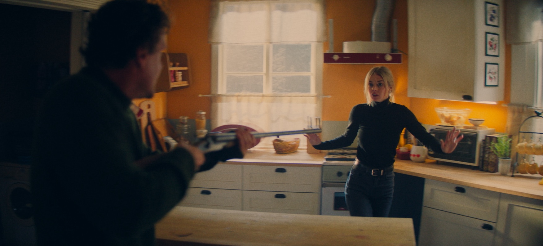 Jason Segel and Samara Weaving in Jorma Taccone, Nick Kocher, and Brian McElhaney's action comedy thriller film, Over Your Dead Body